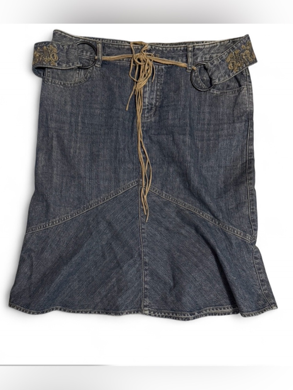 Vintage DKNY Midi Denim Skirt with Suede Fringe Embroidered Belt